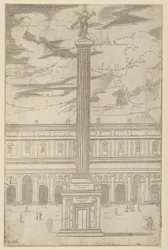 Diadaloszlop a Hírnév női alakjával, tetején trombitát tartva, ideiglenes dísz..., 1598.