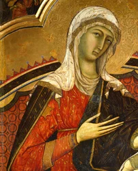 Mária arca, részlet Guido da Siena (1230 körül - 1290 körül) művéből: Felség, részlet, Pillérterem, Palazzo Pubblico (városháza), Siena.