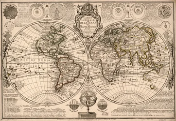 Carte generale de la terre - ou mappe monde auec les quatre principau  sistemes  les figures des sept planetes le tout selon les nouvelles obseruations. LOC 2017585685