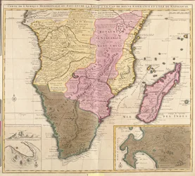 Meridional Afrika térképe (Angola, Namíbia, Zambia, Zimbabwe, Mozambik, Dél-Afrika) Madagaszkár szigetével (rézkarc