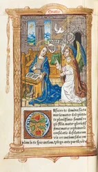 Nyomtatott órakönyv Róma használata: fol. 60v, Angyali üdvözlet, 1510.