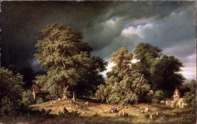 A régi temető. Egy nő egyedül ül egy félreeső vidéki temetőben, miközben az eget megtelik sötét felhők. Gustav Paul Closs (1840-1870) festménye, olaj, vászon, 1865 körül. Német művészet, 19. századi tájkép. Úr.