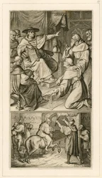 Martin Luther in discussion with cardinal Cajetan, Luther has to revoke his writings, beside him his friend Staupitz