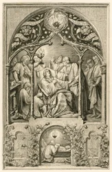Luther Márton halála, Luther két fia, apja előtt térdel, Dr. Justus Jonas mondja az utolsó szavakat, mögöttük Michael Coelius imádkozik, Johannes Aurifaber egy kandeláberrel, Simon Wild orvos gyógyszerrel, jobbra a gróf Albr.