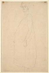 Ruhás terhes nő tanulmánya, 1915-16 körüli (ceruza, simili japán papírra)