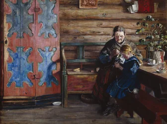Farm enteriőr unokával (olaj, vászon)