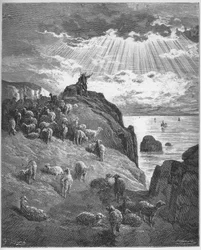 Le berger et la mer - A pásztor és a tenger - Jean de La Fontaine (Lafontaine) meséiből (1621-95) - gravírozás Gustave Dore (1832-83) nyomán - Magángyűjtemény