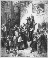 A bolond, aki eladja a bölcsességet - A bolond, aki bölcsességet ad el - Jean de La Fontaine (Lafontaine) „Fables”-jából (1621-95) - gravírozás Gustave Dore (1832-83) nyomán - Magángyűjtemény
