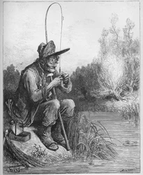 A halász és a kis hal - A halász és a hal - Jean de La Fontaine (Lafontaine) „Fables”-jából (1621-95) - gravírozás Gustave Dore (1832-83) nyomán - Magángyűjtemény