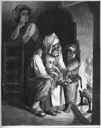 A falusi és a kígyó - A gazda és a vipera - Jean de La Fontaine (Lafontaine) meséiből (1621-95) - metszet Gustave Dore (1832-83) után - Magángyűjtemény