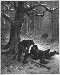 A medve és a két kísérő - A medve és az utazók - Jean de La Fontaine (Lafontaine) „Fables”-jából (1621-95) - gravírozás Gustave Dore (1832-83) nyomán - Magángyűjtemény