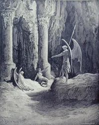 Sátán a pokol kapujában, az „Elveszett paradicsom” II. könyvéből, Stephane Pannemaker (1847-1930) metszetében, 1868 körül (metszet)