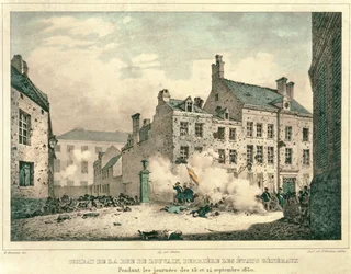Harcok a brüsszeli Rue de Louvain-n, az Etats Generaux mögött, 1830. szeptember 23-24., vésette: Jean Baptiste Madou (1796-1877)