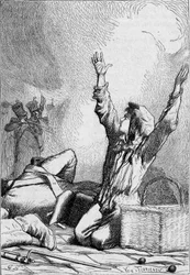 Gavroche elesik a barikádokon - Victor Hugo „A nyomorultak” című művében, Brion illusztrációjával, Hetzel és Lacroix kiadás