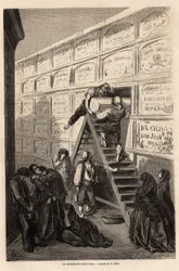 Temetés Barcelonában, Gustave Dore (1832-1883) rajza, hogy illusztrálja spanyolországi utazását C. Davillier-vel 1862-ben. Metszet a "" Le tour du monde "-be, szerkesztette Edouard Charton