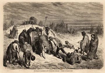 Koldusok és betegesek csapata, a csodák valóságos udvara, szorgalmasan mandulát kér Almuradiel (Mancha tartomány) környékén. Gustave Dore (1832-1883) rajza. Metszet a spanyolországi utazás szemléltetésére, 1862-ben Károlytól