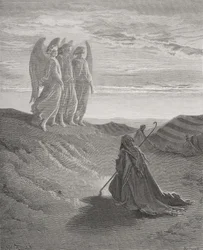 Ábrahám és a három angyal, illusztráció Dore „The Holy Bible” című művéből, vésette Ligny, 1866