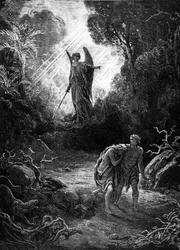 Ádám és Éva a Paradicsomból vadászik. Gustave Dore metszete. Mame Edition 1891.