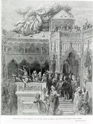Egész életüket nem törvények, törvények vagy szabályok dolgozták fel, hanem akaratuk és őszinte akaratuk szerint, François Rabelais (1483-1553) Gargantua (1534) után. Metszett: Gustave Dore (1832-1883).