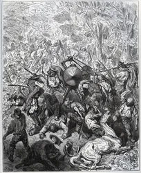 Harc az öszvérgyártókkal - A yangoik használták a ütőiket - Miguel Cervantes (1547-1616) "Don Quijote de la Mancha" című filmjéből (Don Quijote) - Fametszet Gustave Dore rajza alapján