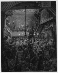 Billingsgate – Halak eladása a crieben. Louis Enault londoni illusztrációja Gustave Dore illusztrálásával