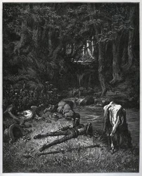Bivak az erdőben - A hely szépségétől megörvendezve elhatározták, hogy ott töltik az órákat - Miguel Cervantes (1547-1616) „Don Quijote de la Mancha” című művéből (Don Quijote) - Fametszet rajzolás után Gustave Dore