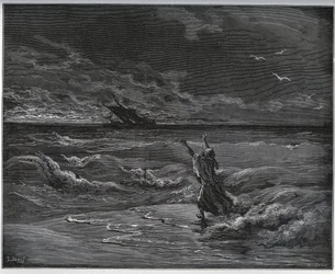 Rabló történet. Aagi-Morato, Zoraide atyja a parton barkázik Miguel Cervantes (1547-1616) „Don Quijote de la Mancha” című művéből (Don Quijote) – Gustave Dore rajza alapján készült fametszet