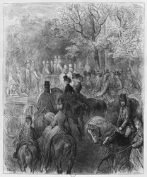 Kocsik és lovasok a Hyde Parkban, Louis Enault (1824-1900) 1876-os 