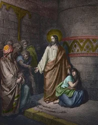 Krisztus és a házasságtörő asszony, Gustave Doré (1832-1883) illusztrációja - Jézus és a házasságtörésen ért asszony - Gustave Doré metszete - későbbi színezés