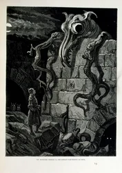 Croque-Mitaine; 1863-as illusztráció, Gustave Dore (1832-1883); Francia művész, grafikus, illusztrátor. Croque-Mitaine (A bogeyman) egy rosszindulatú karakter, amelyet a gyerekeknek mutattak be, hogy megijessze őket, és ezáltal bölcsebbé tegye őket.