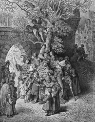 Bámészkodók és nézők tömege az esküvőn, jelenet S.T. „Az ősi tengerész öregje” című művéből. Coleridge, kiadó: Harper und Brothers, New York, 1876 (fametszet)