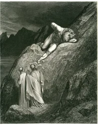 Dante és Vergilius találkozik a Minotaurusszal. Gustave Dore által illusztrált metszet Dante Alighieri Pokol című művéből (Isteni komédia). Francia kiadás 1861-ből. "E in su la punta della rotta lacca/L