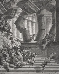 Sámson halála, Bírák 26:28-30, illusztráció Dore „The Holy Bible” című művéből, metszett G.Larlante, 1866 (metszet)