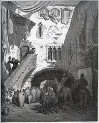 Don Quijote és Sancho Panza, akiket Don Diego de Miranda hívott otthonába, az úriember felesége és fia fogadja - Miguel Cervantes (1547-1616) „Don Quijote de la Mancha” című művéből (Don Quijote) - Fametszet Gustave rajza alapján Dore