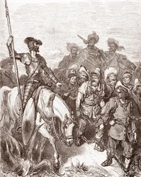 Don Quijote és Sancho Panza kihallgatja a bûnözõket, akiket a gályákhoz vezetnek. Gustave Dore (1832-1883) metszete Miguel de Cervantes (1547-1616) „L