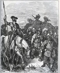 Don Quijote megkérdőjelezi az erőket meggyőződésük okairól – Miguel Cervantes (1547-1616) „Don Quijote de la Mancha” című művéből (Don Quijote) – Gustave Dore rajza alapján készült fametszet