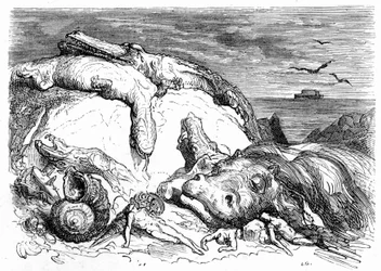 Gustave Dore metszete 1850 körül: egy apokaliptikus özönvíz megidézése, amely ötvözi a bibliai hagyományt (a távolban Noé bárkája látható a tengeren) és a tudományos ismeretek kezdetét (különböző szörnyetegek buktak el a hegyen, a hegyekből előbukkanó