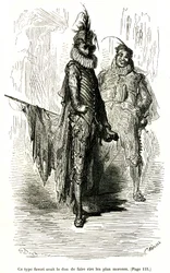 Gustave Dore metszete, amely Theophile Gautier "Fracasse kapitány" című regényét illusztrálja. Charpentier kiadás 1863. Két komédiás (a commedia dell