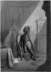 Gustave Dore (1832-1883) illusztrációja Edgar Allan Poe "A holló" (The Raven) című novellájához. Ezt a sorozatot Dore 1883-ban, halála évében fejezte be, így ez az egyik legfrissebb műve.