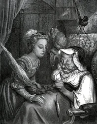 Gustave Dore illusztrációja Charles Perrault meséjéhez: Csipkerózsika. A hercegnő egy orsóban szaladó öregasszony ciccájába szúrja magát.