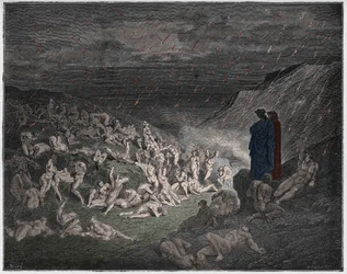 Inferno, 14. ének : Az erőszakos, tűzesőben gyötrődő, illusztráció Dante Alighieri "Isteni komédiájából".