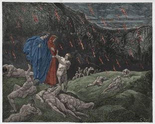 Pokol, 15. ének: Brunetto Latini megszólítja Dantét, illusztráció Dante Alighieri „Isteni színjáték” című művéből, 1885