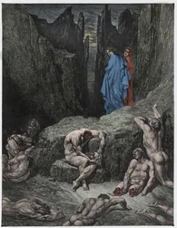 Pokol, 29. ének: Vergilius megfeddi Dante kíváncsiságát, illusztráció Dante Alighieri „Isteni színjáték” című művéből, 1885
