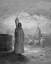 Jákob, aki Lábán nyájait tartja, meglátja Ráchelt a kútnál. Genesis 29. Gustave Dore illusztrált Bibliájából 1866. Fametszet