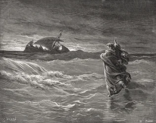 Jézus a tengeren jár, János 6:19-21, illusztráció Dore „The Holy Bible” című könyvéből, vésett Pisan, 1866