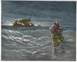 Jézus a Tiberiade-tó vizén sétál - Jézus sétál a tengeren (vízen) - Gustave Dore (1832-1883) "" The Bible illustree"-be vésve - Metszet a "" The Dore Bibliából""