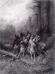 Arthur király a Broceliande-erdőben (A Kerekasztal Lovagjainak ciklusa) – Alfred Tennyson „” Viviane” című művében, G. Doré illusztrációja