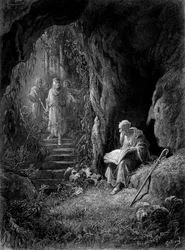 Merlint Arthur király tisztjei fedezték fel a Broceliande-erdőben (Cycle des chevaliers de la Table Ronde) – Alfred Tennyson „” Viviane” című művében, G. Doré illusztrációja