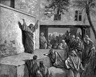 Mikeás, a Morestita próféta szól az izraelitákhoz. Mert íme, az Úr előjön... és leszáll, és a föld magaslatait tapossa. Biblia Mikeás I:3. Illusztráció: Gustave Dore 1865-1856. Fametszet