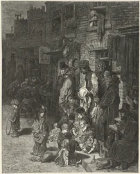 Emberek állnak és ülnek a házaik előtt, egy utcában, „London: zarándoklat”-ból, William Blanchard Jerrold